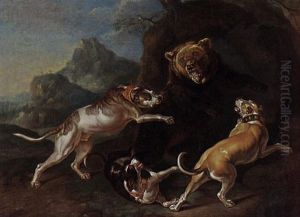 A Hunting Scene With Dogs Bringing Down A Bear by Philipp Ferdinand de Hamilton