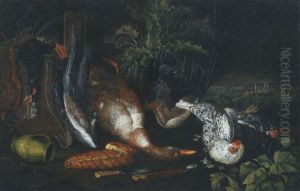 A Partridge, A Dead Duck, A Pitcher, Two Knives A Loaf Of Bread And Hens, On A Forest Floor by Philipp Ferdinand de Hamilton