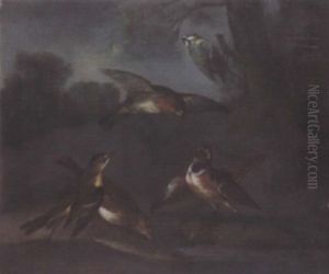 Songbirds Drinking From A Pool In A Landscape by Philipp Ferdinand de Hamilton