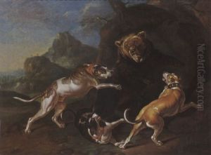 A Hunting Scene With Dogs Bringing Down A Bear by Philipp Ferdinand de Hamilton