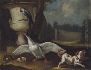 Eine Ente, Ein King Charles Hund Und Ein Papagei In Einem Schlospark by Philipp Ferdinand de Hamilton