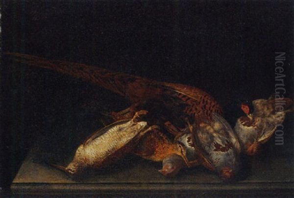 A Dead Pheasant, Partridge And Woodcock On A Stone Ledge - view 1