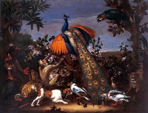 Volatiles, Singes Et Chiens Dans Un Paysage by Philipp Ferdinand de Hamilton