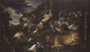 A Hunting Still Life With A Dead Hare, A Pheasant, A Mallard And Other Birds, With A Pointer And A Cheetah by Philipp Ferdinand de Hamilton