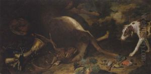 A Hunting Still Life Of A Dead Stag, A Phesant, A Kingfisher, A Blue Tit, A Bullfinch And Oher Birds, With A Hunting Horn And A Rifle, By A Hound In A Landscape by Philipp Ferdinand de Hamilton