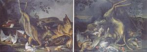 A Hunting Still Life Of A Deer Hanging From A Rope From A Tree With Other Game