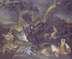 A Dead Capercaillie Hanging From A Rope From A Tree With Other Game In A Landscape