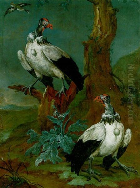 Two Vultures By A Tree In An Extensive Landscape And Another Bird In Flight - view 1