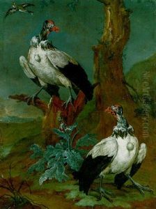 Two Vultures By A Tree In An Extensive Landscape And Another Bird In Flight