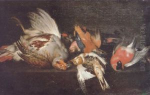 A Still Life Of A Dead Partridge, Bullfinch, Kingfisher And Other Birds On A Stone Ledge