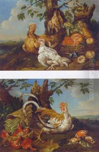 A Chicken By Baskets Of Asparagus And Mushrooms By Dead Birds In A Landscape