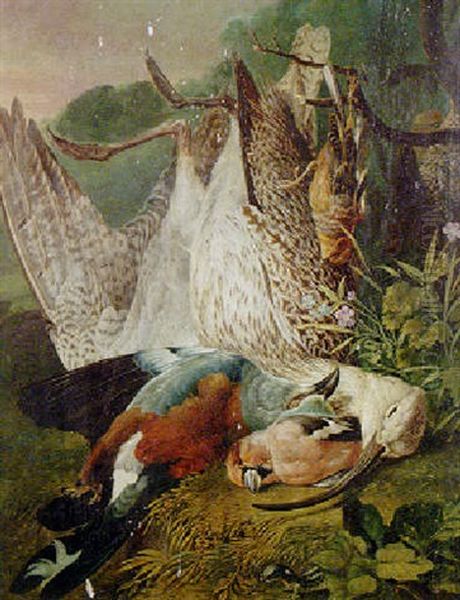 Still Life Of A Curlew, Roller, Hawfinch, And Lizard In A Landscape - view 1