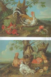 A Chicken By A Basket Of Mushrooms And Asparagus And Dead Birds In A Landsape