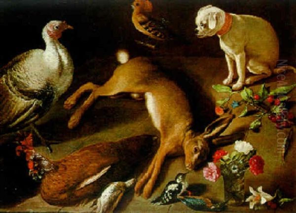 Stilleben Mit Erlegtem Feldhasen, Verschiedenen Vogeln, Einem Hund Und Einem Blumenstraus - view 1