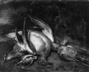 Jagdstilleben Mit Erlegtem Federwild In Einer Bewaldeten Landschaft by Philipp Ferdinand de Hamilton