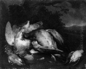 Jagdstilleben Mit Erlegtem Federwild In Einer Bewaldleten Landschaft by Philipp Ferdinand de Hamilton
