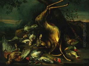 Still Life Of A Deer, An Eagle, Pigeons, Kingfishers, Woodpeckers And A Gun In A Landscape Setting