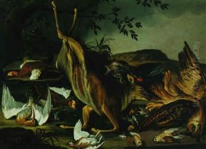 Still Life Of A Deer, Owl And Other Birds In A Landscape Setting