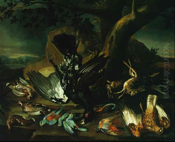 Still Life Of A Hung Capercaille, An Eagle, Hares, And Other Birds In A Landscape Setting - view 1