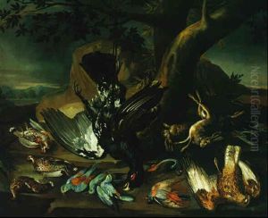 Still Life Of A Hung Capercaille, An Eagle, Hares, And Other Birds In A Landscape Setting