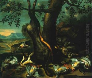 Still Life Of A Hung Goat, Two Hares, A Duck And Other Birds In A Landscape Setting