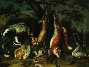 Still Life Of Foxes, Badgers, Ducks, An Owl And Other Birds, And A Gun In A Landscape Setting
