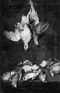 Jagdstilleben Mit Wachteln, Stieglitz, Dompfaff, Goldammer, Blaumeise Und Finken