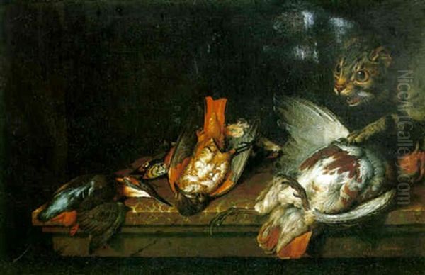 A Cat With Dead Birds On A Marble Ledge - view 1