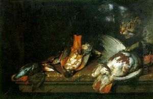 A Cat With Dead Birds On A Marble Ledge