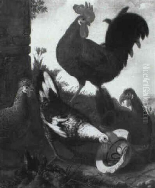 A Cockerel And Three Hens In A Landscape - view 1