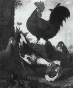 A Cockerel And Three Hens In A Landscape by Philipp Ferdinand de Hamilton