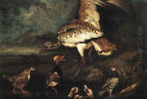Great Bustard And Other Birds By A Pond