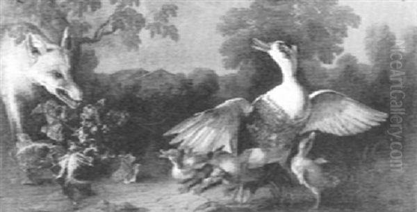 Fox Attacking A Goose And Her Young - view 1