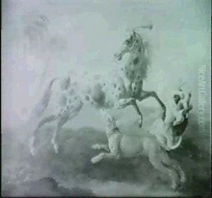 A Bay Stallion With A Black Groom In An Exotic Landscape;   And A Pie-bald Stallion Fighting With A Dog, A Black