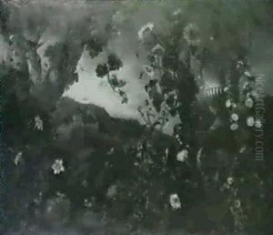 Parklandschaft Mit Steinvase, Blutenstauden, Wiesel Und Eidechse Vor Einer Baumgruppe Vorn Parklandschaft Mit Steinvase, Blutenstauden, Wiesel Und Eidechse Vor Einer Baumgruppe Vorn