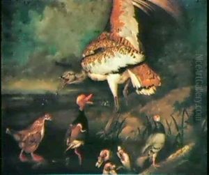 A Great Bustard With A Red Grouse, A Red-crested Pochard, Muscovy Duck And An English Barb Pigeon At The Edge Of.... by Philipp Ferdinand de Hamilton