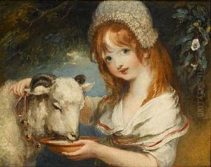 A Young Girl Feeding A Lamb (+ A Young Boy Picking Grapes; Pair)