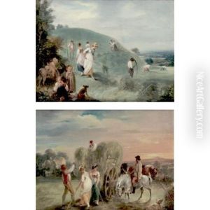 Making Hay In A Field (+ Hay Wagon In A Landscape; Pair) by William Hamilton