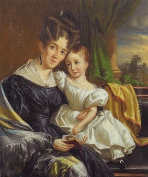 Family Portrait Of Mother Reading To Child On Her Lap, Seated Beside A Window With Elaborate Drapery - view 1