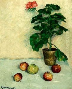 Stilleben Mit Geranientopf Und Apfeln by Eugen Hamm
