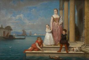 Enfant Jouant A La Gondole Sur Fond De Lagune A Venise by Edouard Jean Conrad Hamman