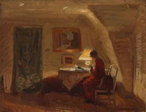 A Woman Reading By The Lamplight by Marius Hammann