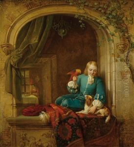 Boy At A Window With Dog And Parrot by Alexis van Hamme