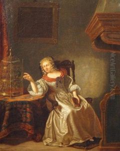 Interieur Met Vrouw Bij Een Vogelkooi Interieur Met Vrouw Bij Een Vogelkooi