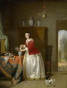 Interieur Mit Einer Dame Beim Blumen Giessen