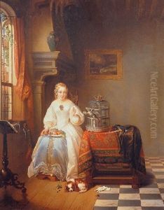 Lady With Her Parrot In An Elegant Interior by Alexis van Hamme