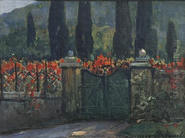 Gartentor Am Gardasee, Dahinter Uppige Rote Blumen Und Zypressen - view 1