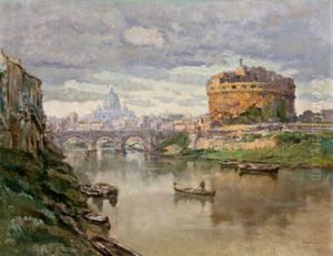 In Rom, Blick Uber Den Tiber Auf Die Engelsburg Und Den Petersdom
