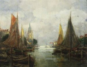 Hollandische Kanallandschaft Mit Reicher Bootsstaffage Und Machtiger Kirchenanlage by Otto Hammel