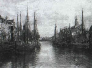 A View Of A Busy Continental Harbour by Otto Hammel